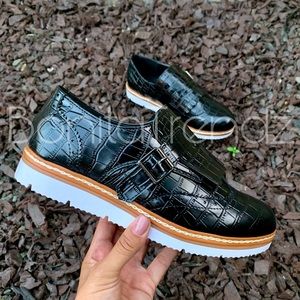 Black Croc Skin Fringe Oxford Style Sneakers